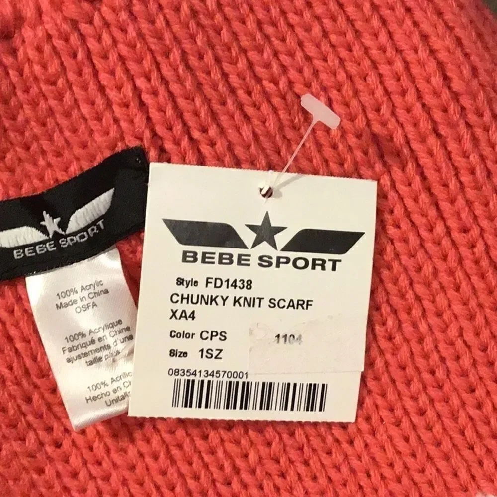 BEBE Sport Scarf Vintage Sport Ski Magenta Knit Fringed Scarf  Shawl White Logo